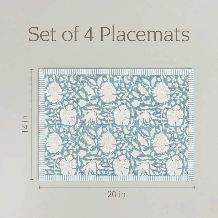 Blue Floral Hand-Blocked Cotton Placemats Set of 4