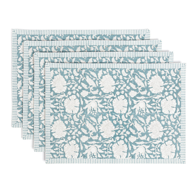 Blue Floral Hand-Blocked Cotton Placemats Set of 4