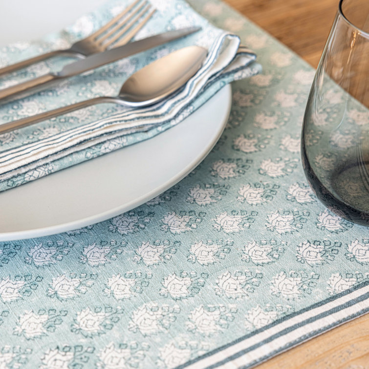 Hand-Blocked Blue Leaf Cotton Placemats Set of 4