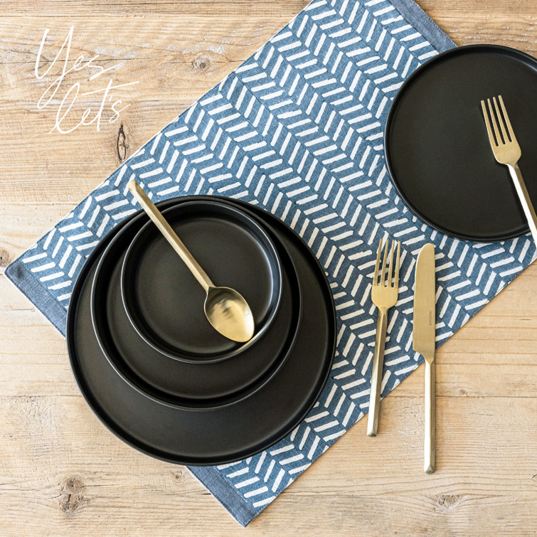 Blue Herringbone Cotton Hand-Blocked Placemats Set of 4