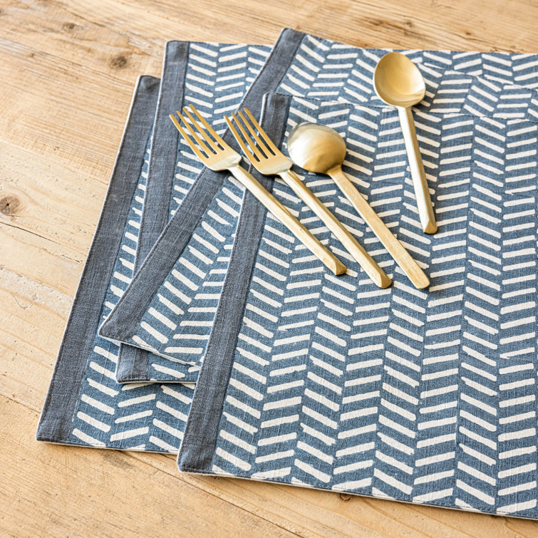 Blue Herringbone Cotton Hand-Blocked Placemats Set of 4