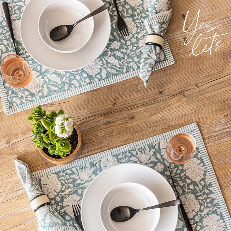 Blue Floral Hand-Blocked Cotton Placemats Set of 4