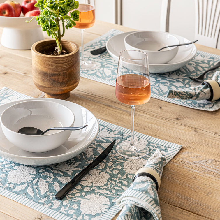 Blue Floral Hand-Blocked Cotton Placemats Set of 4