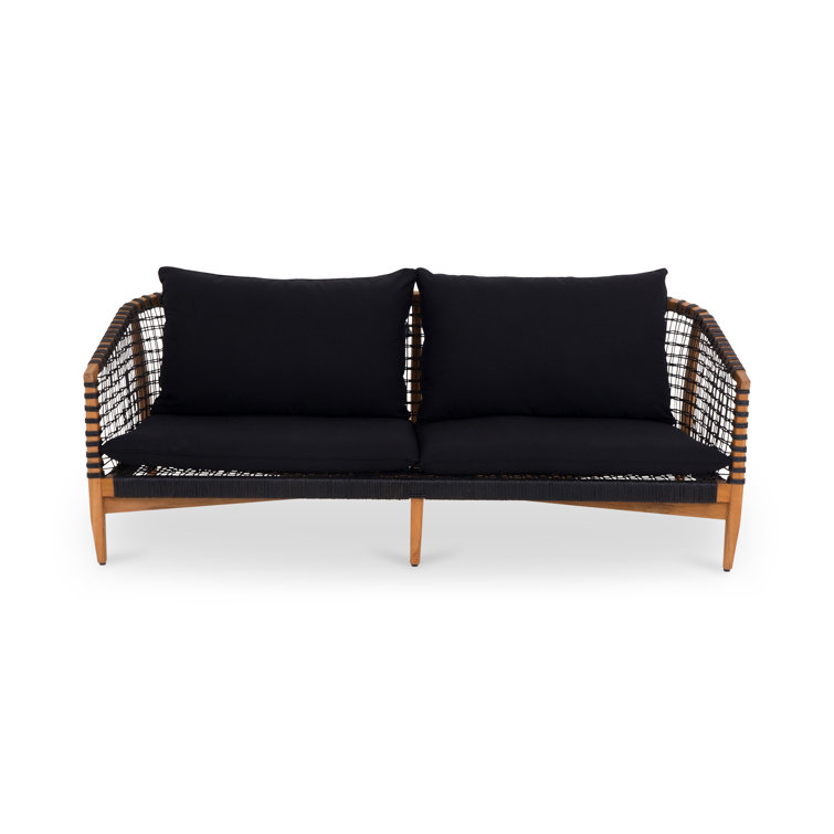 Brenisha Teak Wood Outdoor Sofa with Black Cushions