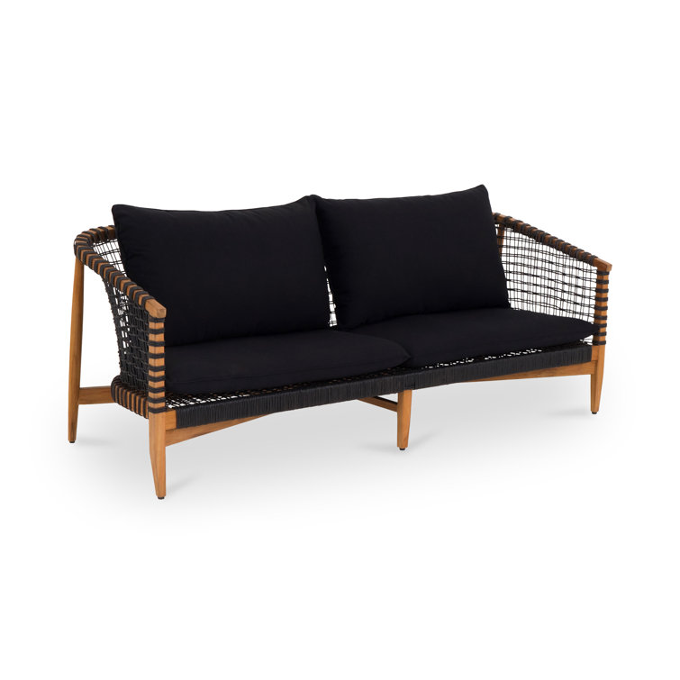 Brenisha Teak Wood Outdoor Sofa with Black Cushions