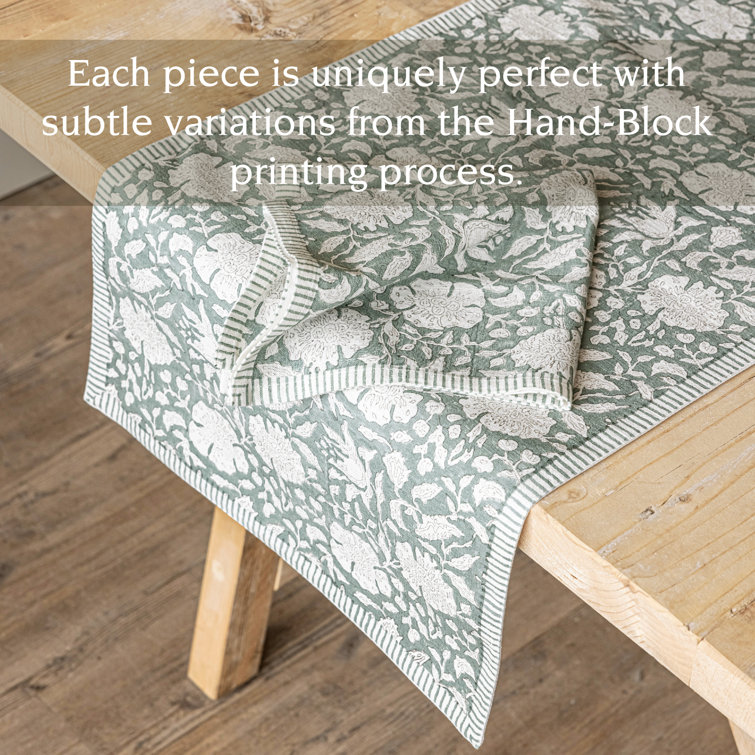 Green Floral Cotton Table Runner, 18" W x 90" L