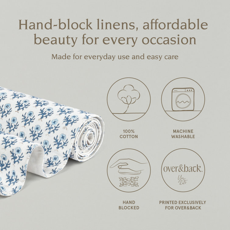 Blue Bloom Cotton Hand-Blocked Table Runner, 18" x 90"