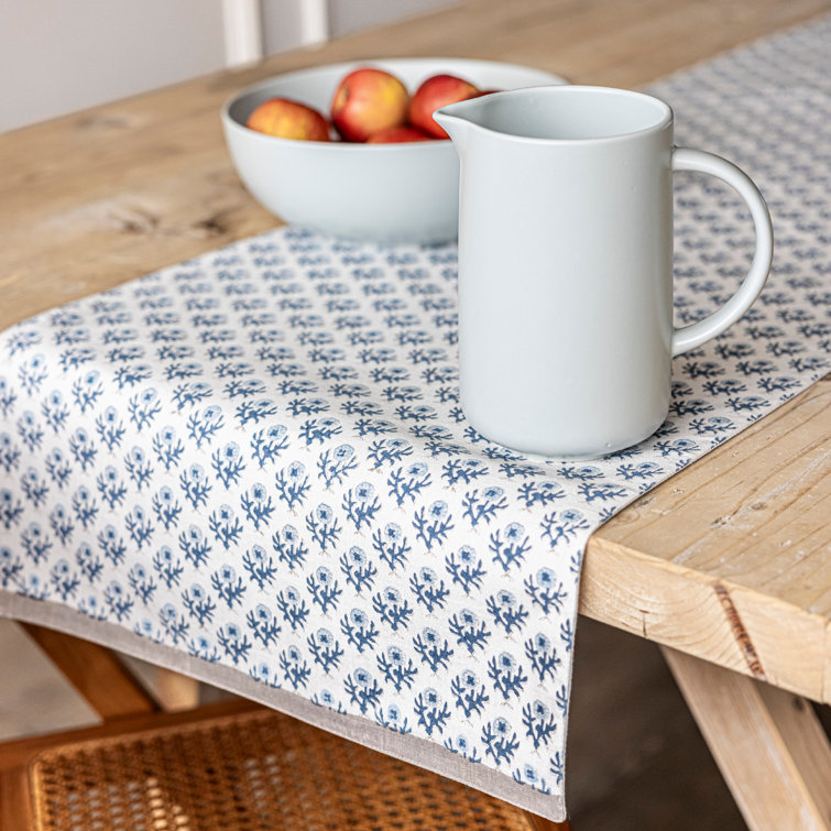 Blue Bloom Cotton Hand-Blocked Table Runner, 18" x 90"