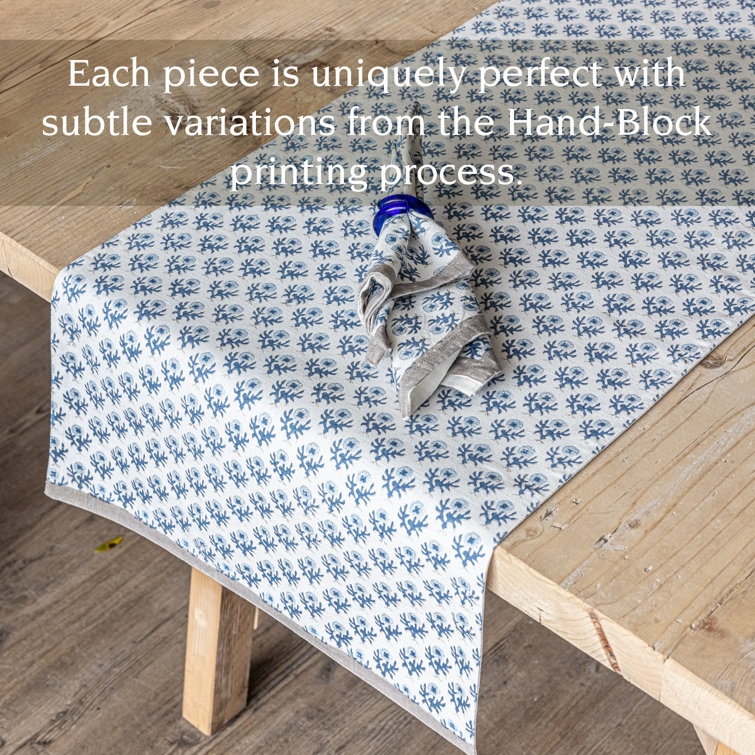 Blue Bloom Cotton Hand-Blocked Table Runner, 18" x 90"