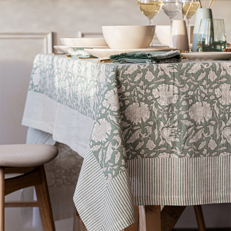 Green Floral Cotton Rectangular Tablecloth 70" x 108"