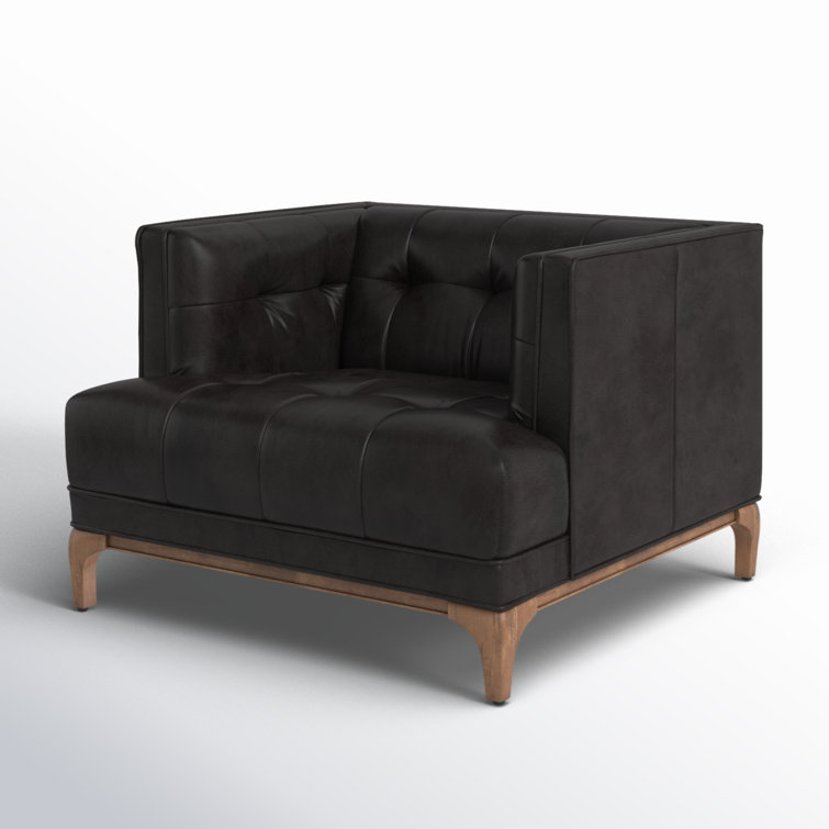 Rider Black Genuine Leather Squared Armchair with Parawood Legs