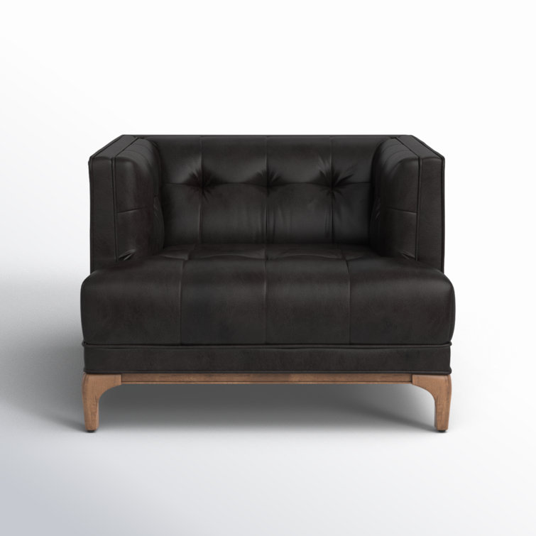 Rider Black Genuine Leather Squared Armchair with Parawood Legs
