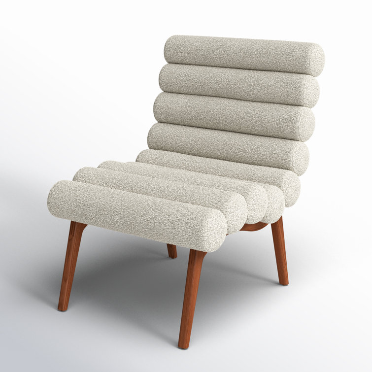 Off-White Boucle Lounge Chair with Solid Wood Legs