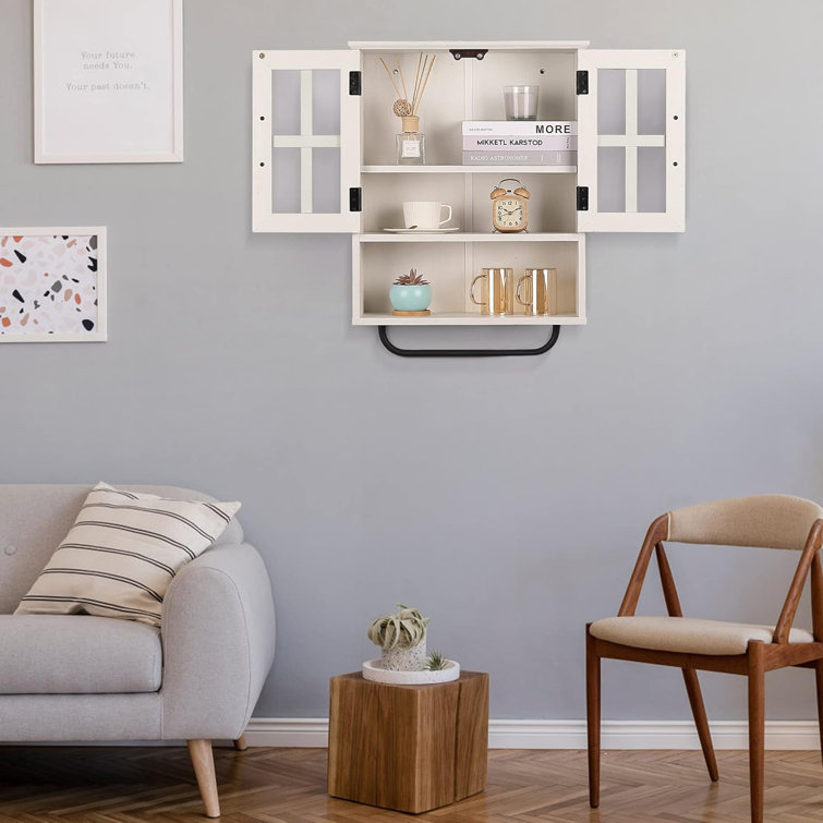 Vintage White Wood Wall Storage Cabinet with Cross Glass Doors