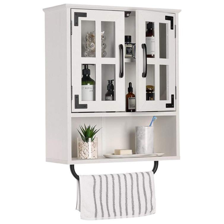 Vintage White Wood Wall Storage Cabinet with Cross Glass Doors