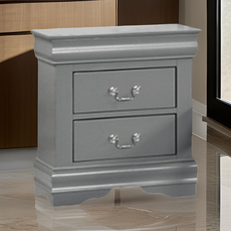 Gray Solid Wood 2-Drawer Nightstand with Nickel Handles