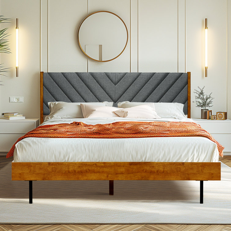 Caramel Solid Wood Queen Bed Frame with Gray Upholstered Headboard