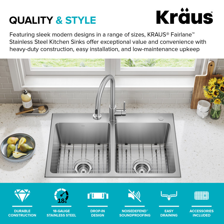 Fairlane 33-Inch Stainless Steel Double Bowl Undermount Kitchen Sink