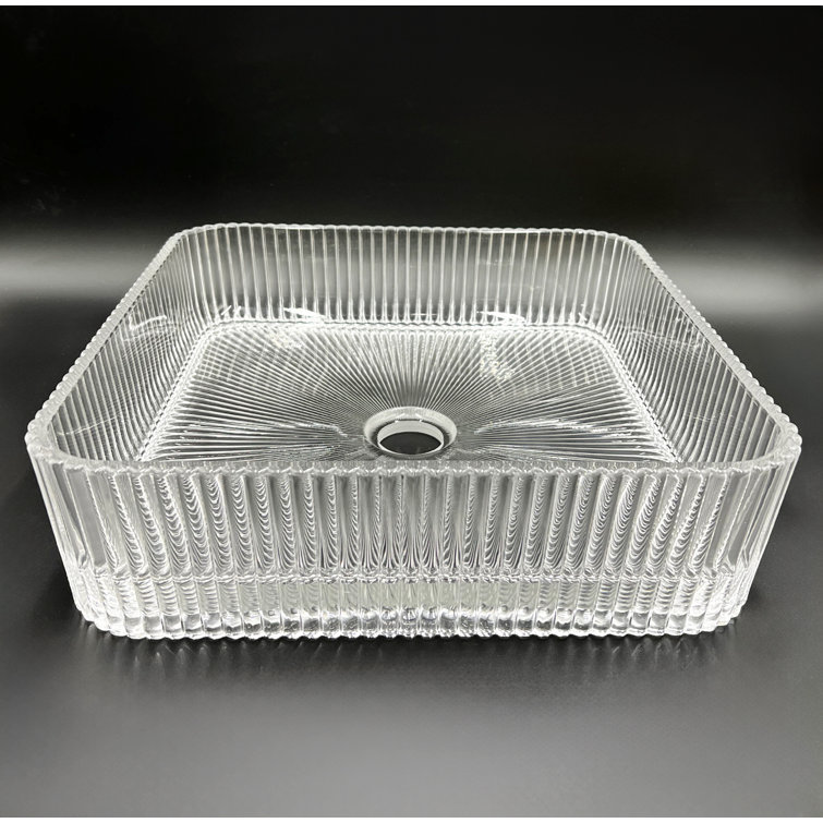 Clear Tempered Glass Square Vessel Bathroom Sink, 15 inches