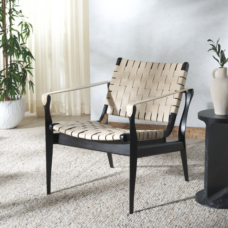 Cream and Mahogany Woven Leather Safari Accent Chair
