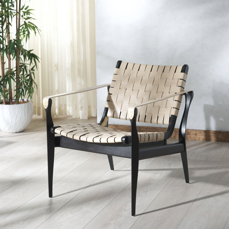 Cream and Mahogany Woven Leather Safari Accent Chair