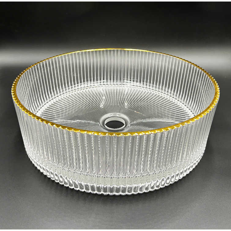 Clear and Gold Round Ribbed Glass Vessel Sink