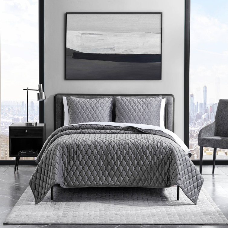 Charcoal Velvet Diamond Reversible Queen Quilt Set