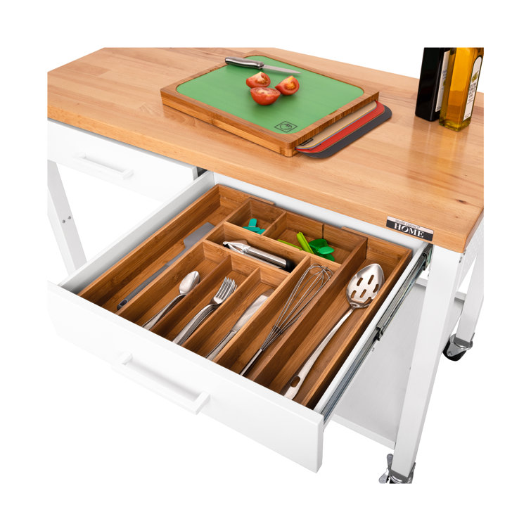 White Steel Work Center Kitchen Island with Wood Top