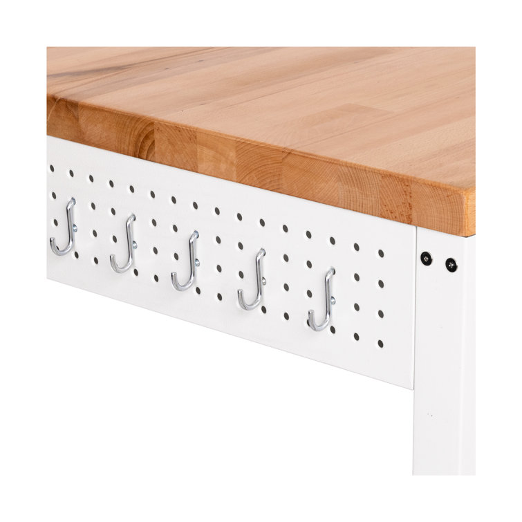 White Steel Work Center Kitchen Island with Wood Top