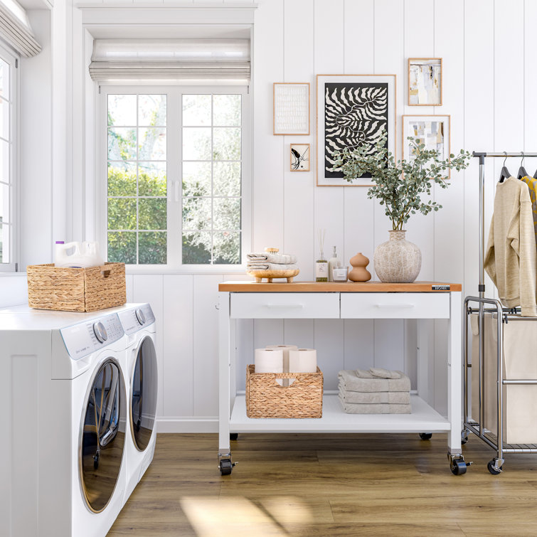 White Steel Work Center Kitchen Island with Wood Top