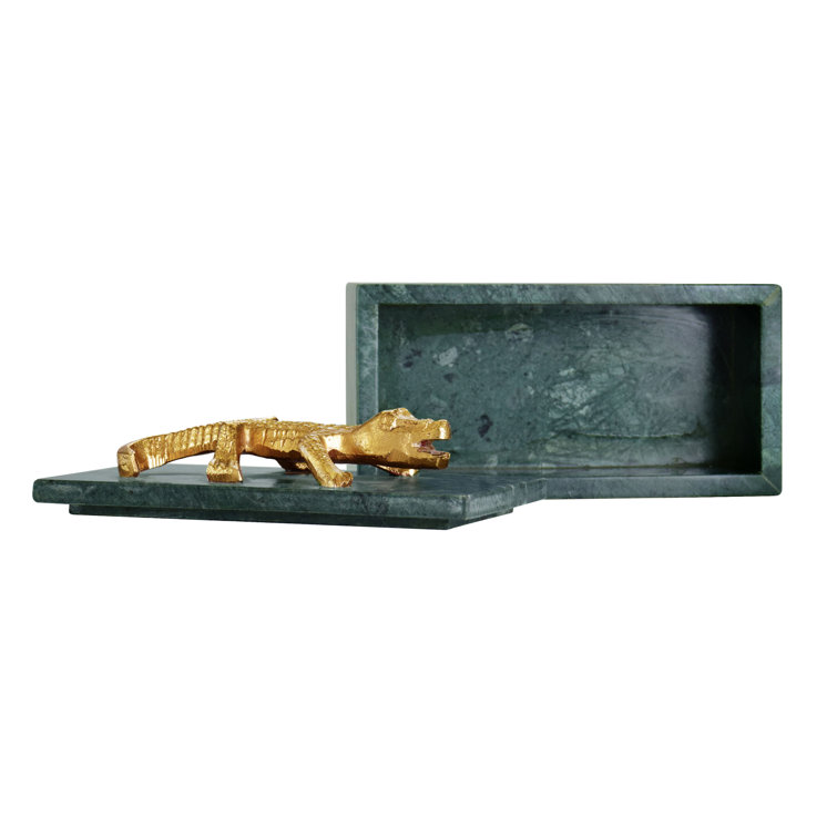 Green Marble Decorative Box with Brass Alligator Handle