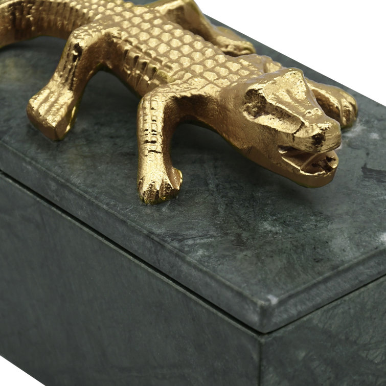 Green Marble Decorative Box with Brass Alligator Handle