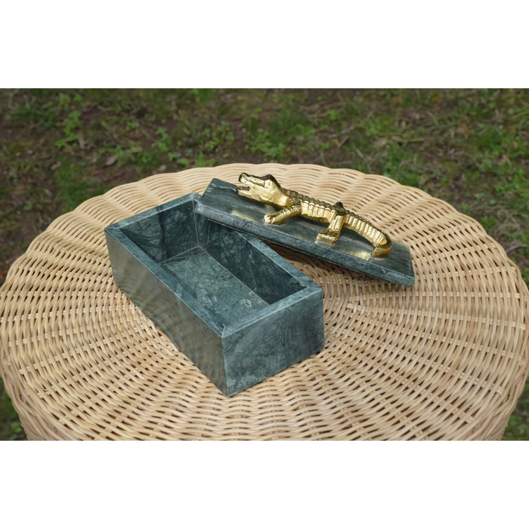 Green Marble Decorative Box with Brass Alligator Handle