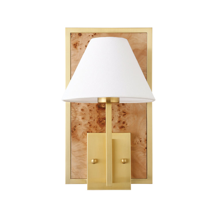 Brushed Brass Burl Wood Wall Sconce with White Linen Shade