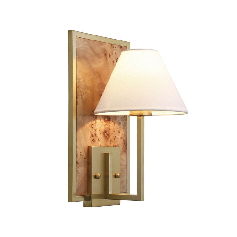 Brushed Brass Burl Wood Wall Sconce with White Linen Shade