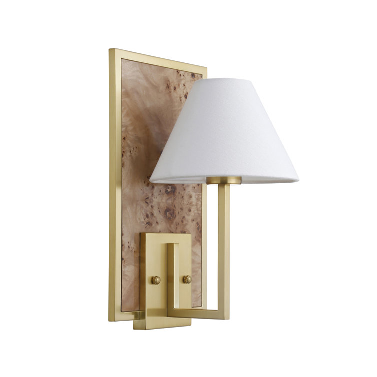 Brushed Brass Burl Wood Wall Sconce with White Linen Shade