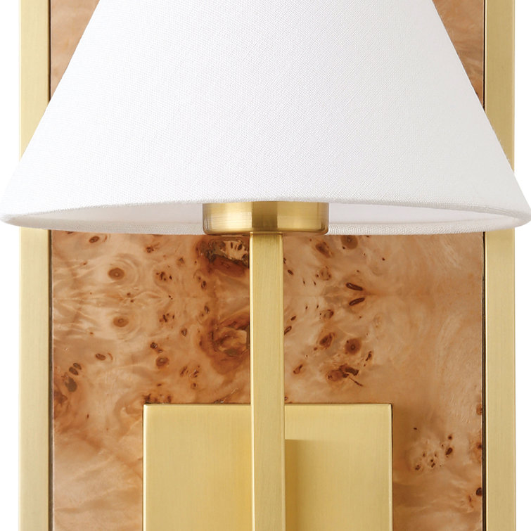Brushed Brass Burl Wood Wall Sconce with White Linen Shade