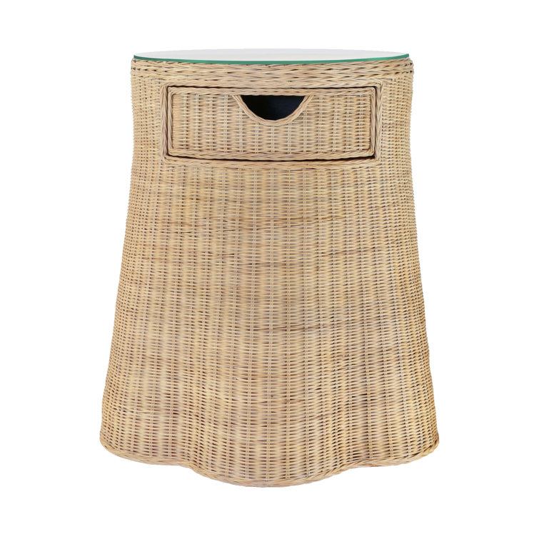 Natural Rattan Round Side Table with Glass Top and Storage