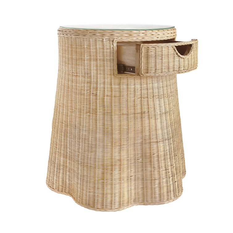 Natural Rattan Round Side Table with Glass Top and Storage