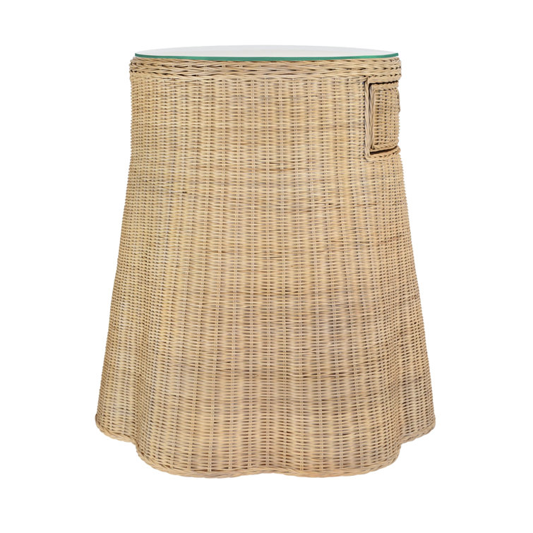 Natural Rattan Round Side Table with Glass Top and Storage