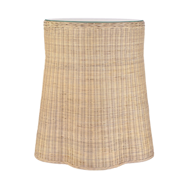 Natural Rattan Round Side Table with Glass Top and Storage