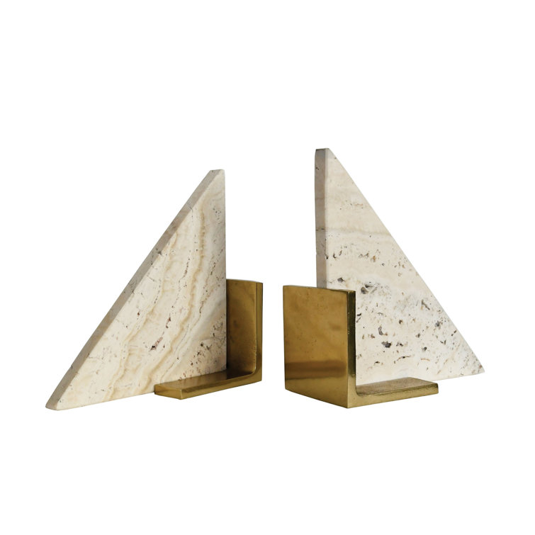Triangle Travertine Marble and Brass Bookends Set