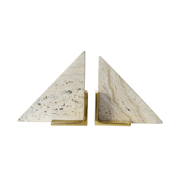 Triangle Travertine Marble and Brass Bookends Set