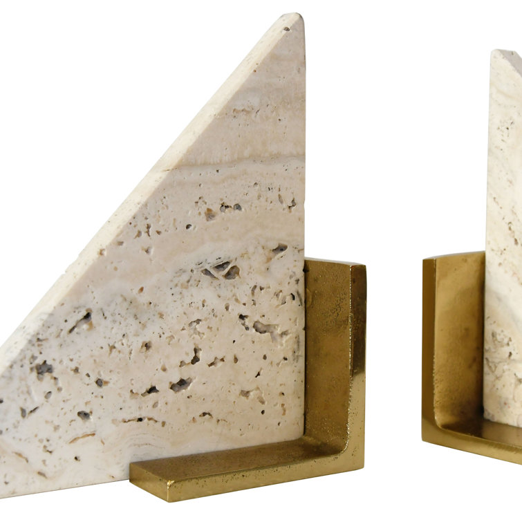 Triangle Travertine Marble and Brass Bookends Set