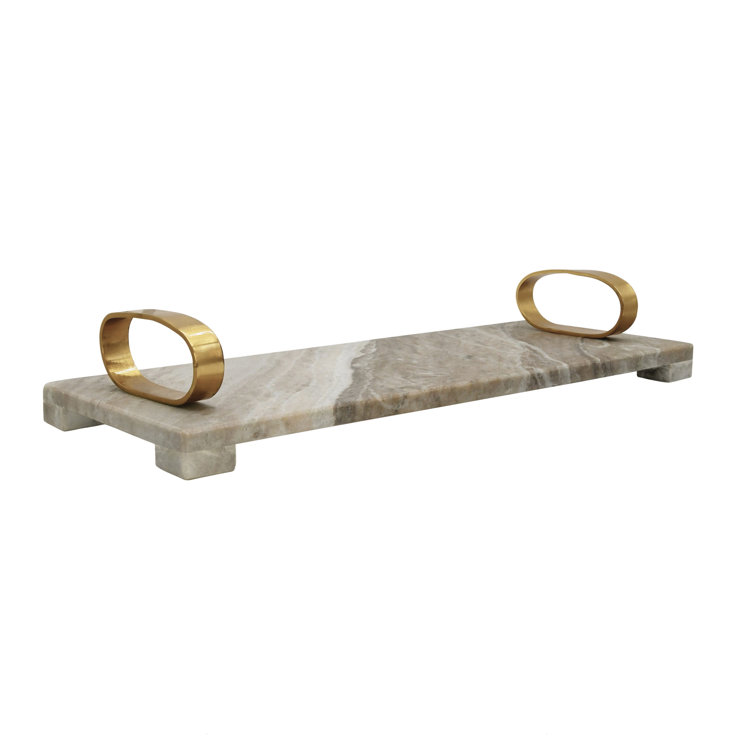 Beige Marble Tray with Brass Oval Handles