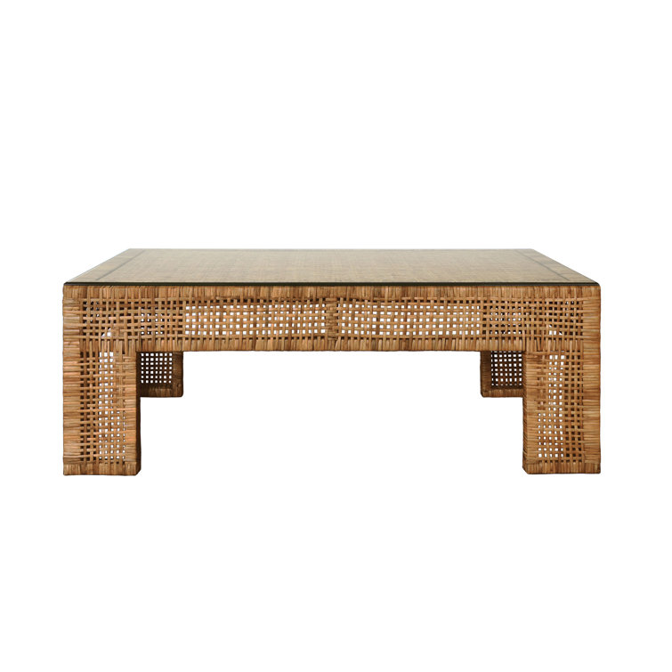 Nude Rectangular Woven Rattan Cocktail Table with Glass Top