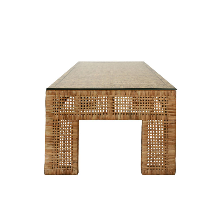 Nude Rectangular Woven Rattan Cocktail Table with Glass Top