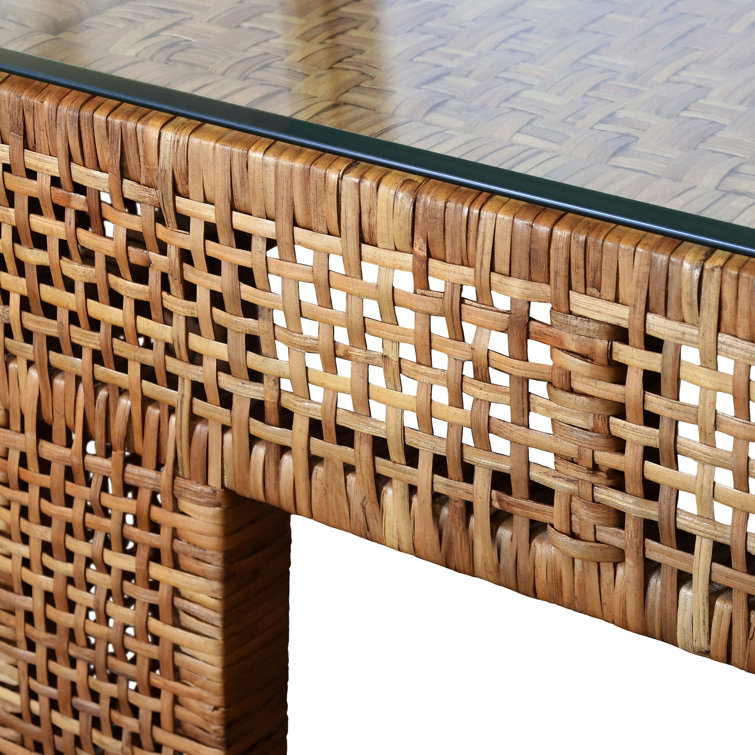 Nude Rectangular Woven Rattan Cocktail Table with Glass Top