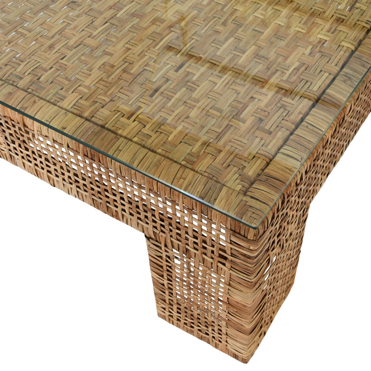 Nude Rectangular Woven Rattan Cocktail Table with Glass Top