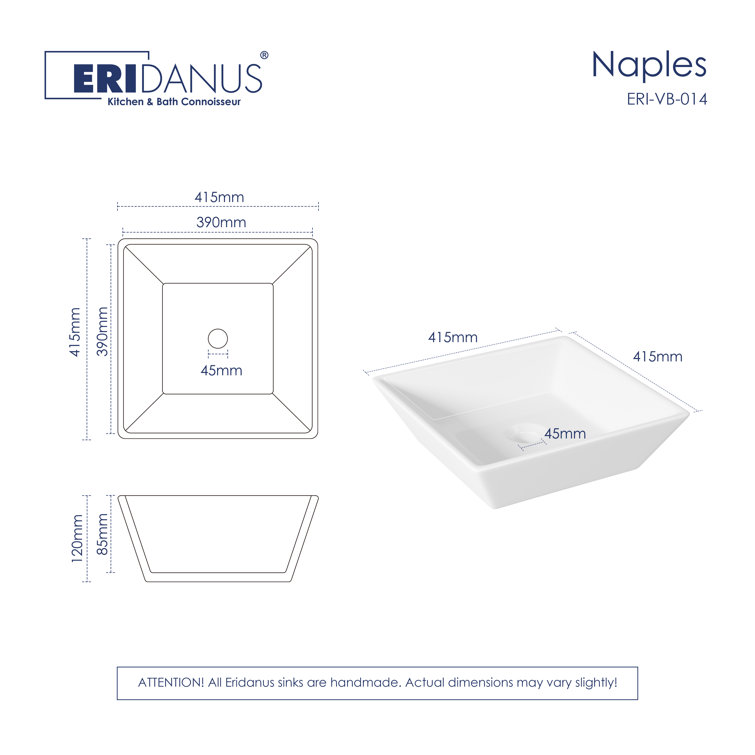 Naples 16.5" White Ceramic Square Vessel Sink